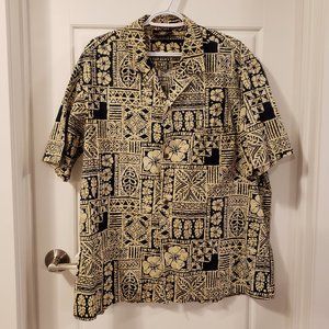Royal Creation Men's Beige Navy Blue Flowered Short Sleeve Pocket Hawaiian Shirt